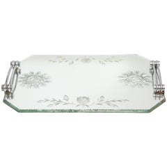 French Deco Mirrored Tray with Chrome Handles