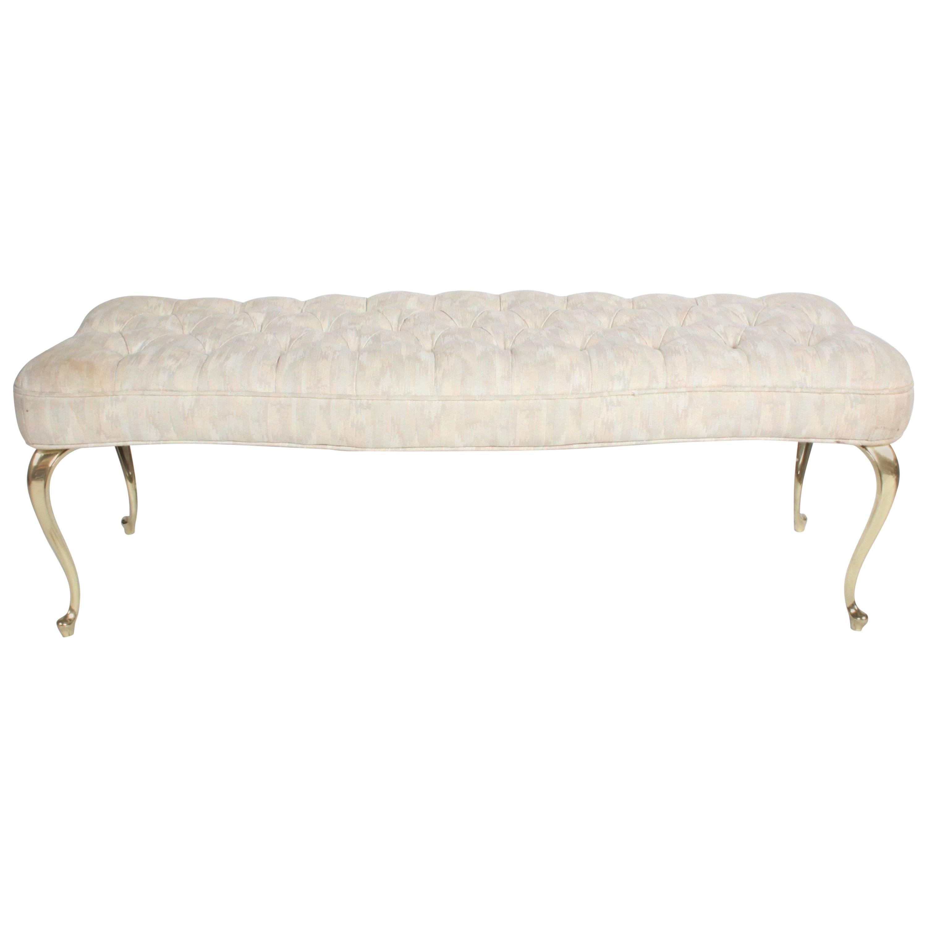 Hollywood Regency Tufted Bench with Brass Legs For Sale