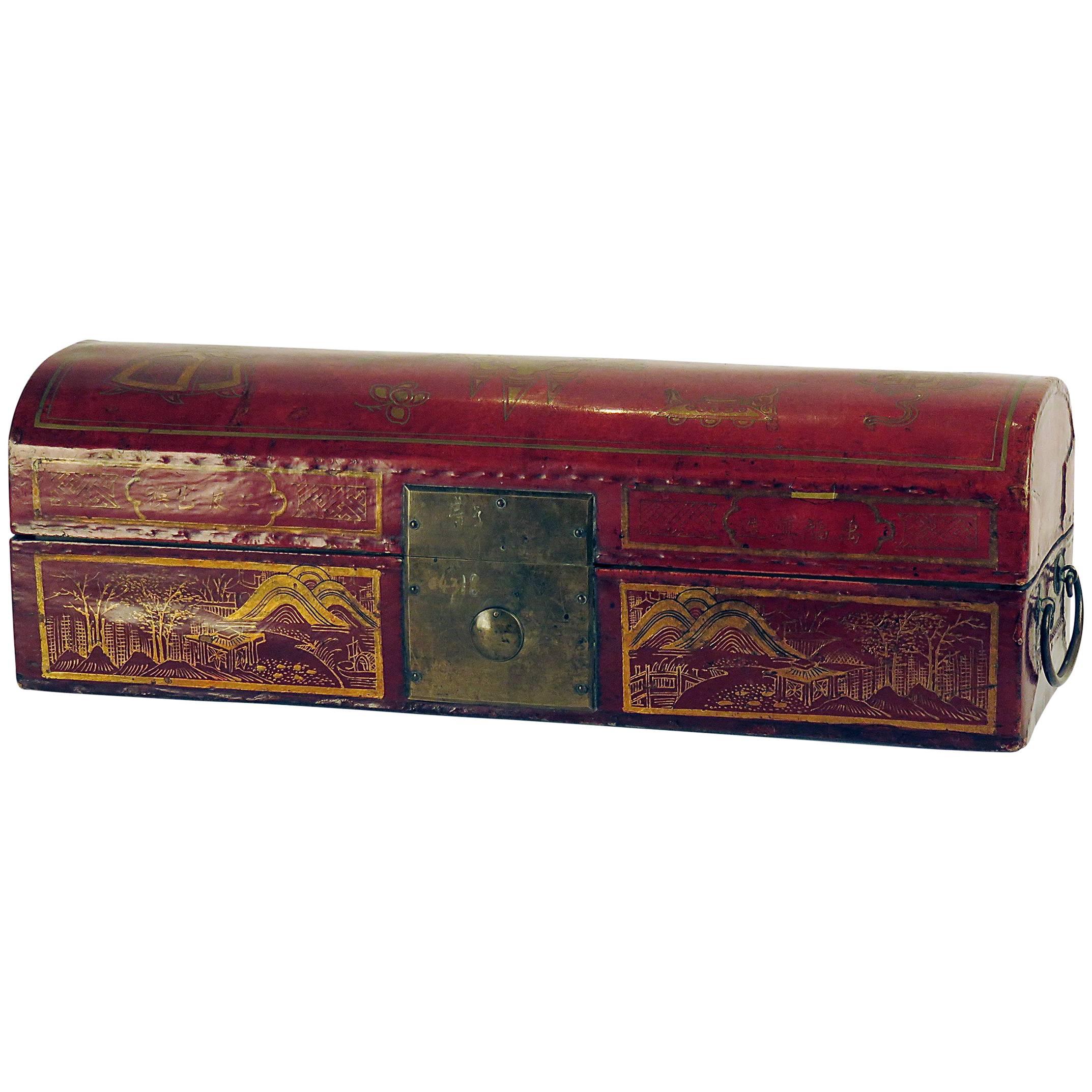 Leather and Red Lacquer Chinese Domed Box, circa 1870