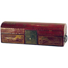 Antique Leather and Red Lacquer Chinese Domed Box, circa 1870
