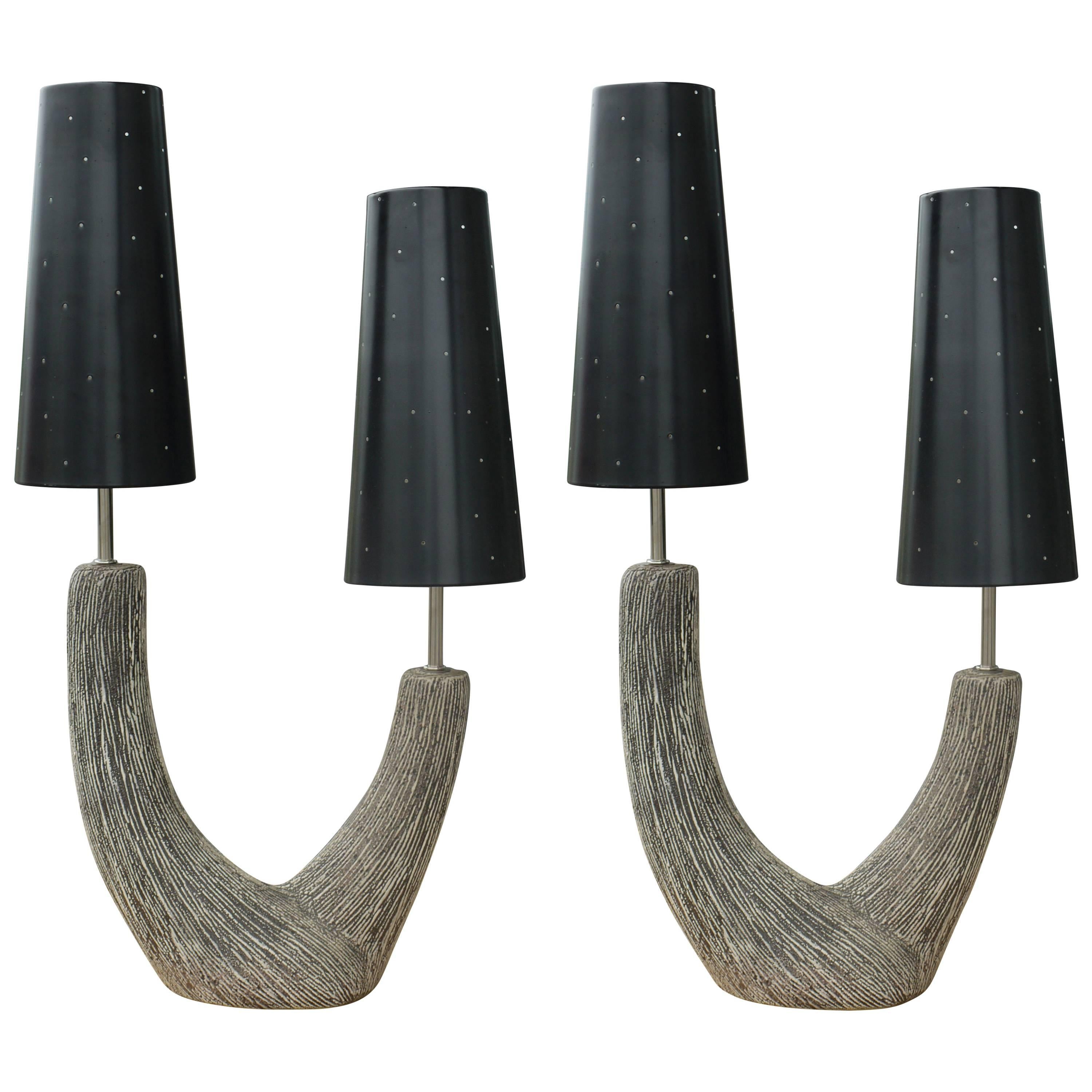 Pair of Organic Lamps by Kelby with Pierced Metal Shades For Sale
