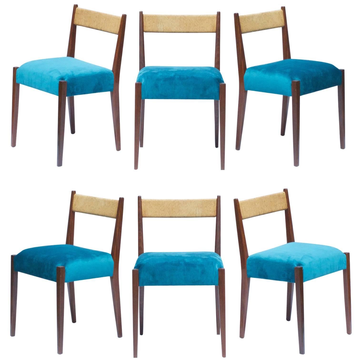 Danish Modern Dining Chairs in Peacock Velvet