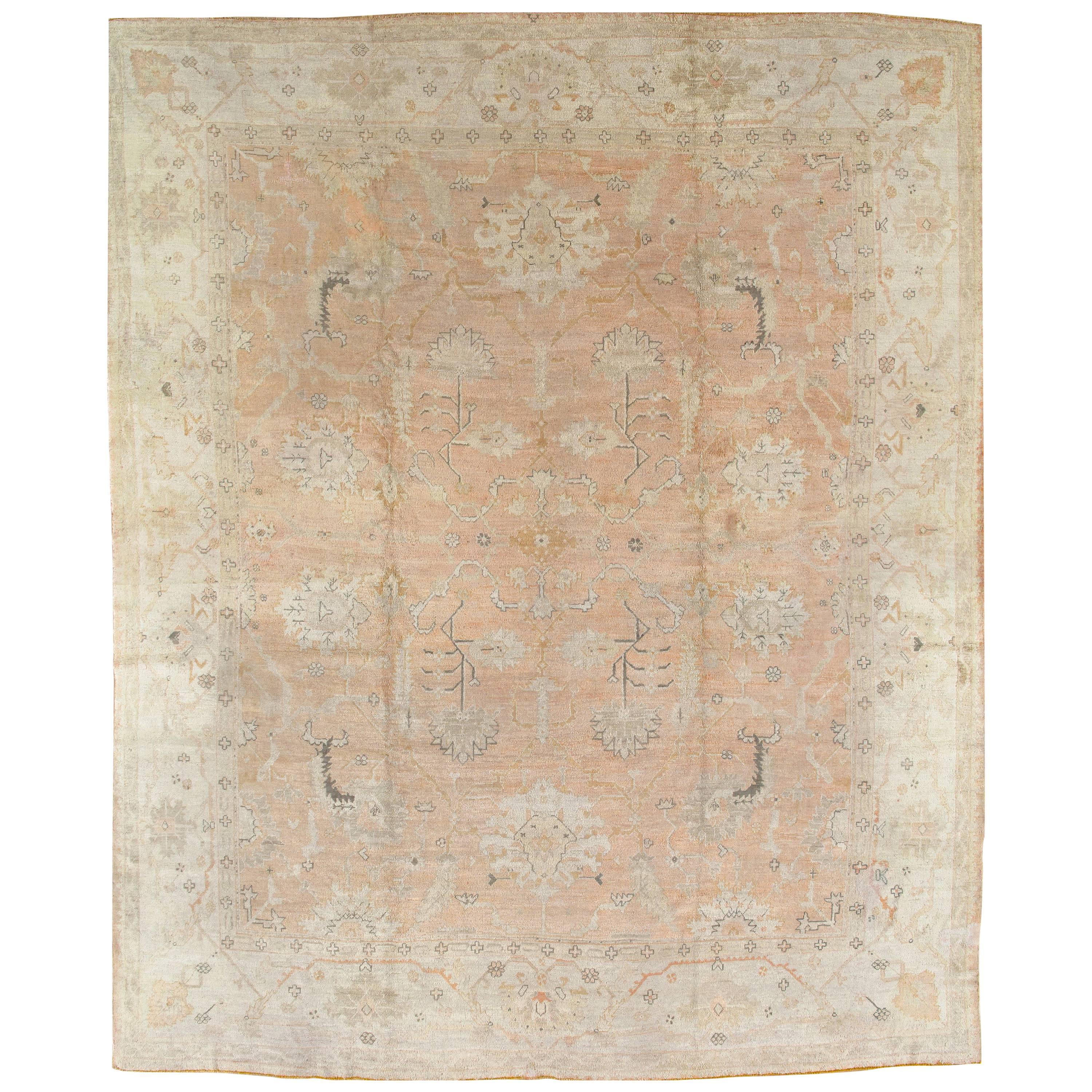 Antique Oushak Carpet, Turkish Rugs, Handmade Oriental Rugs, Pink Ivory Fine Rug