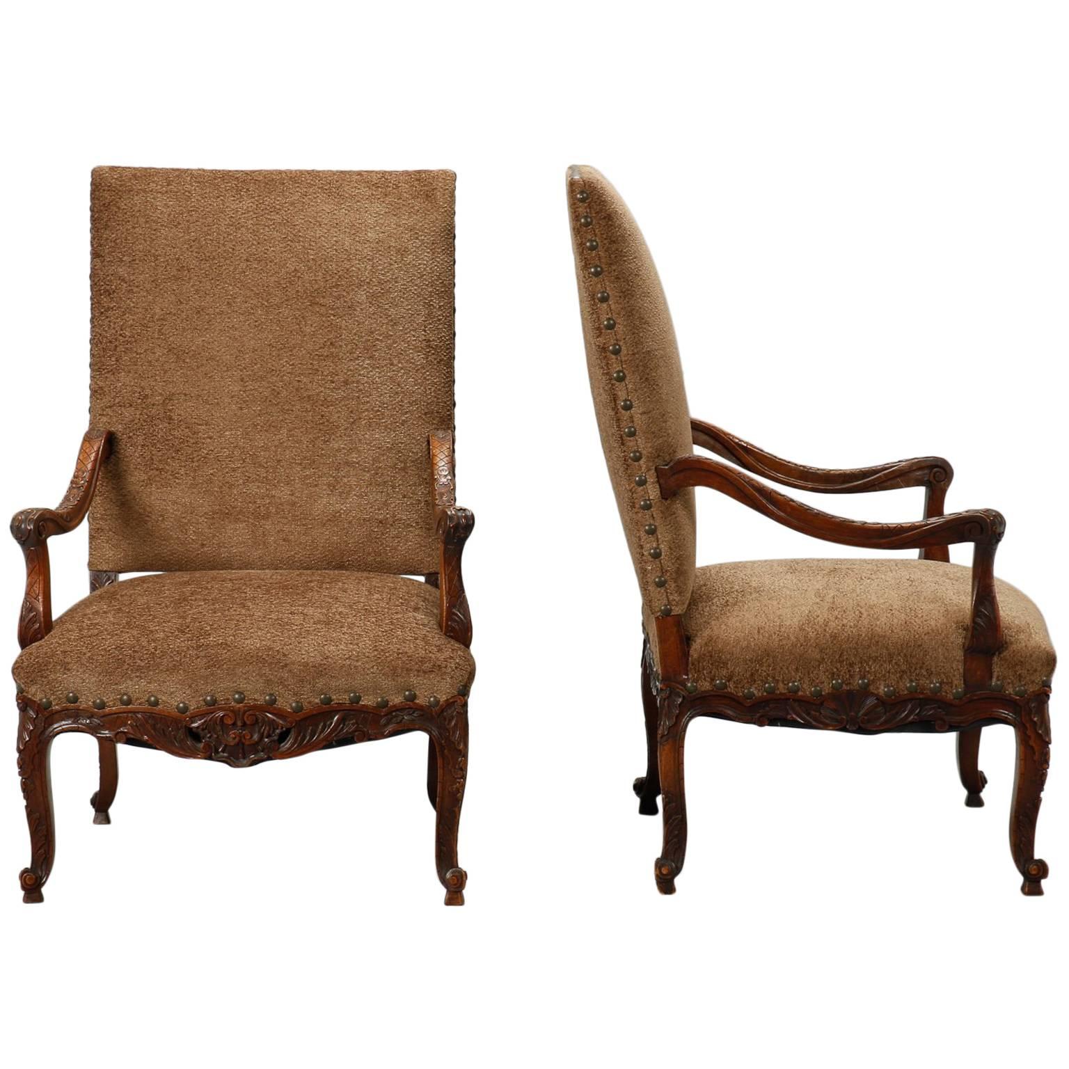 Pair of French Carved Frame High Back Armchairs