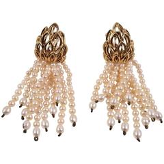 Mid-Century 18-Karat Gold and Multi Strand Genuine Pearl Earrings