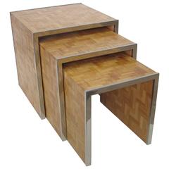 Mid-Century Modern Chrome and Straw Nesting Table Set by Tommaso Barbi, Italy 10