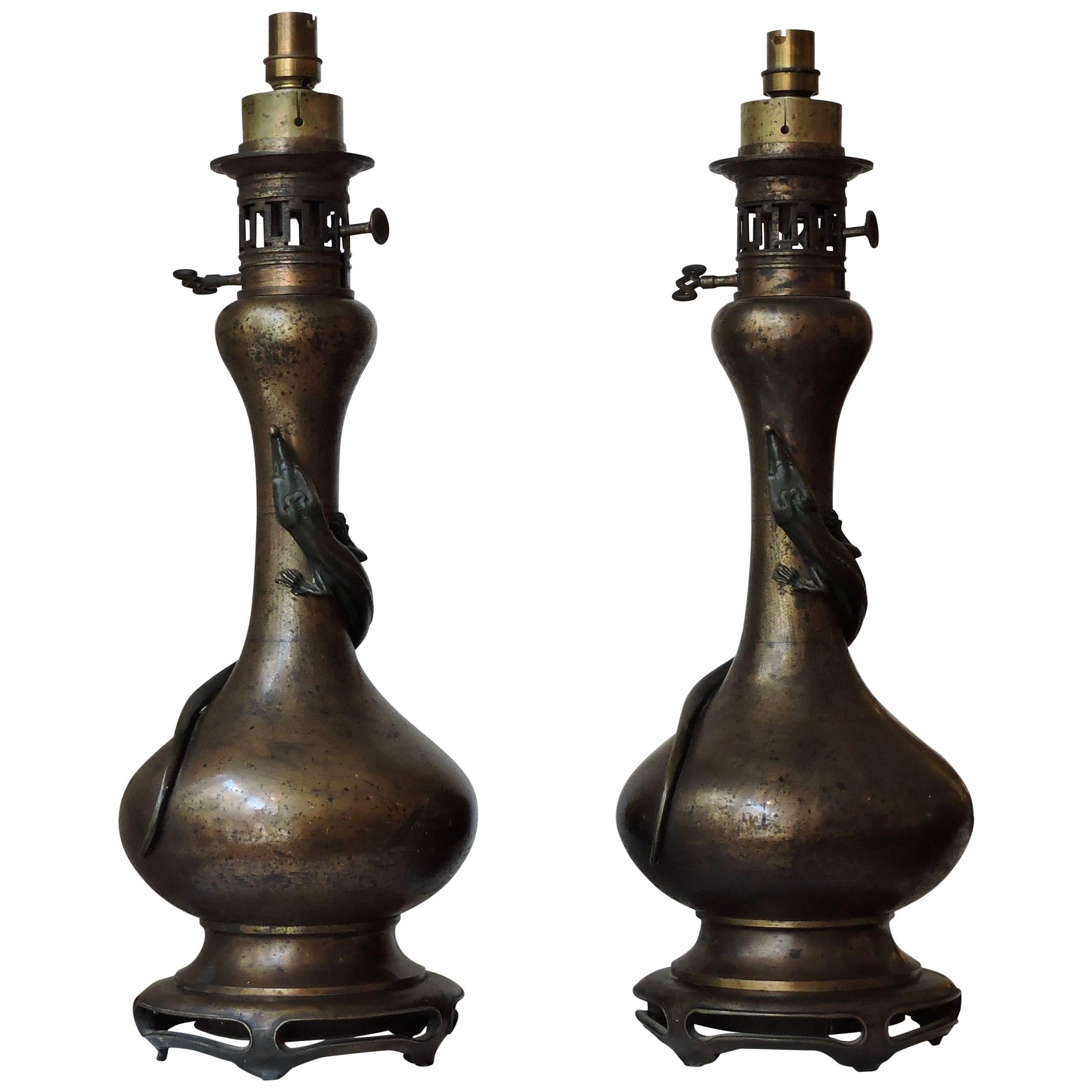 Pair of Golden Brown and Green Patina Bronze Japonisme Lamps with Lizards