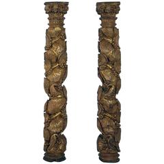 Early 17th Century Portuguese Gilded Oak Columns with Birds