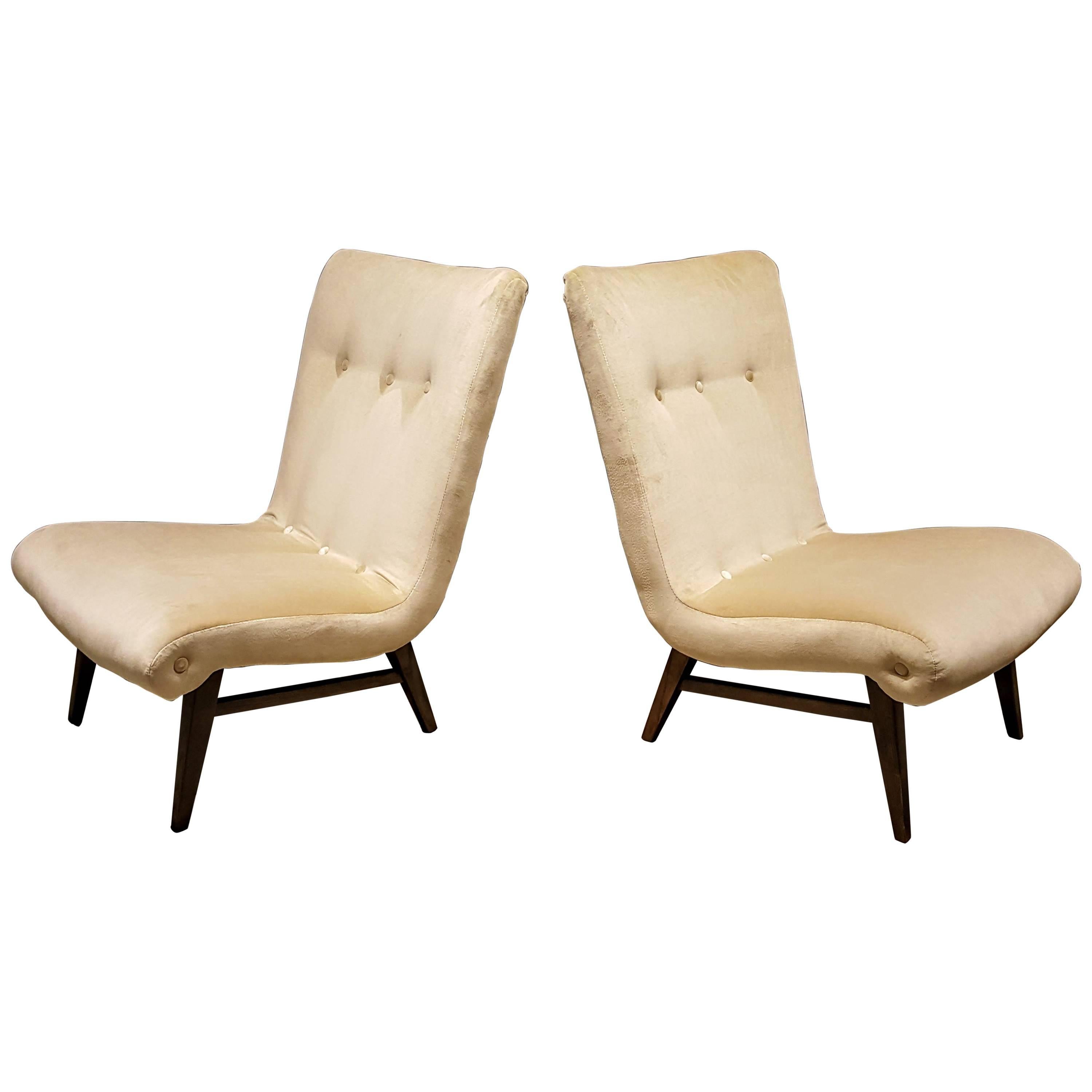 Sculptural Swedish Slipper Chairs in a Creamy Buff Velvet, 1950s