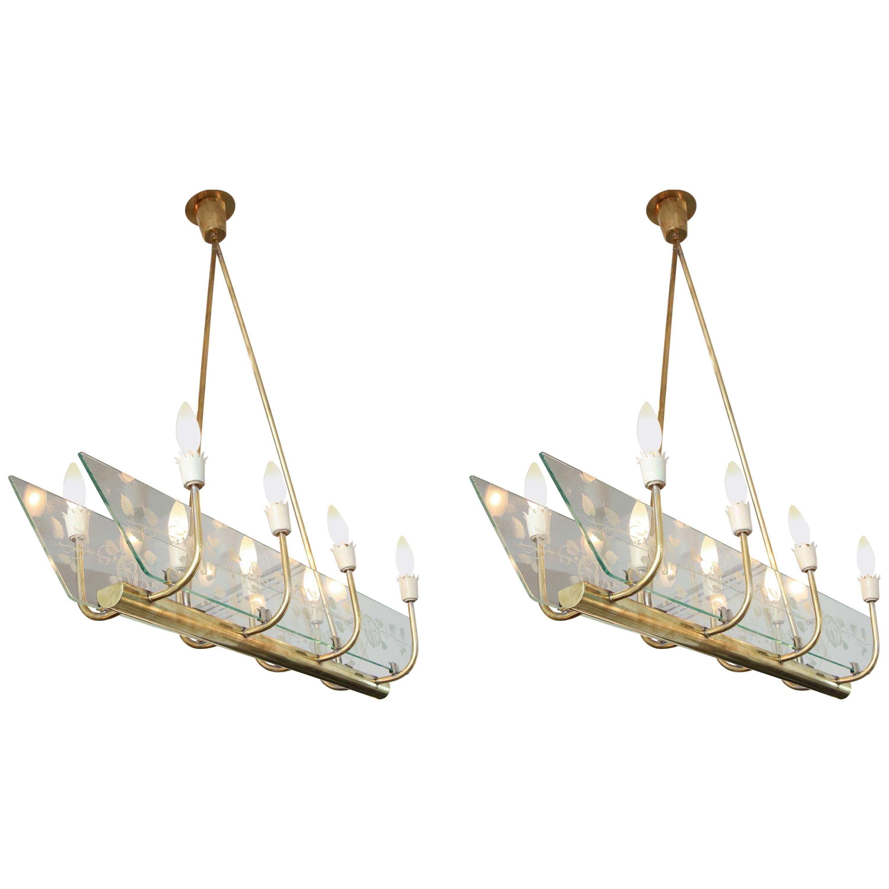  Italian Eight Light Etched Glass Chandeliers 