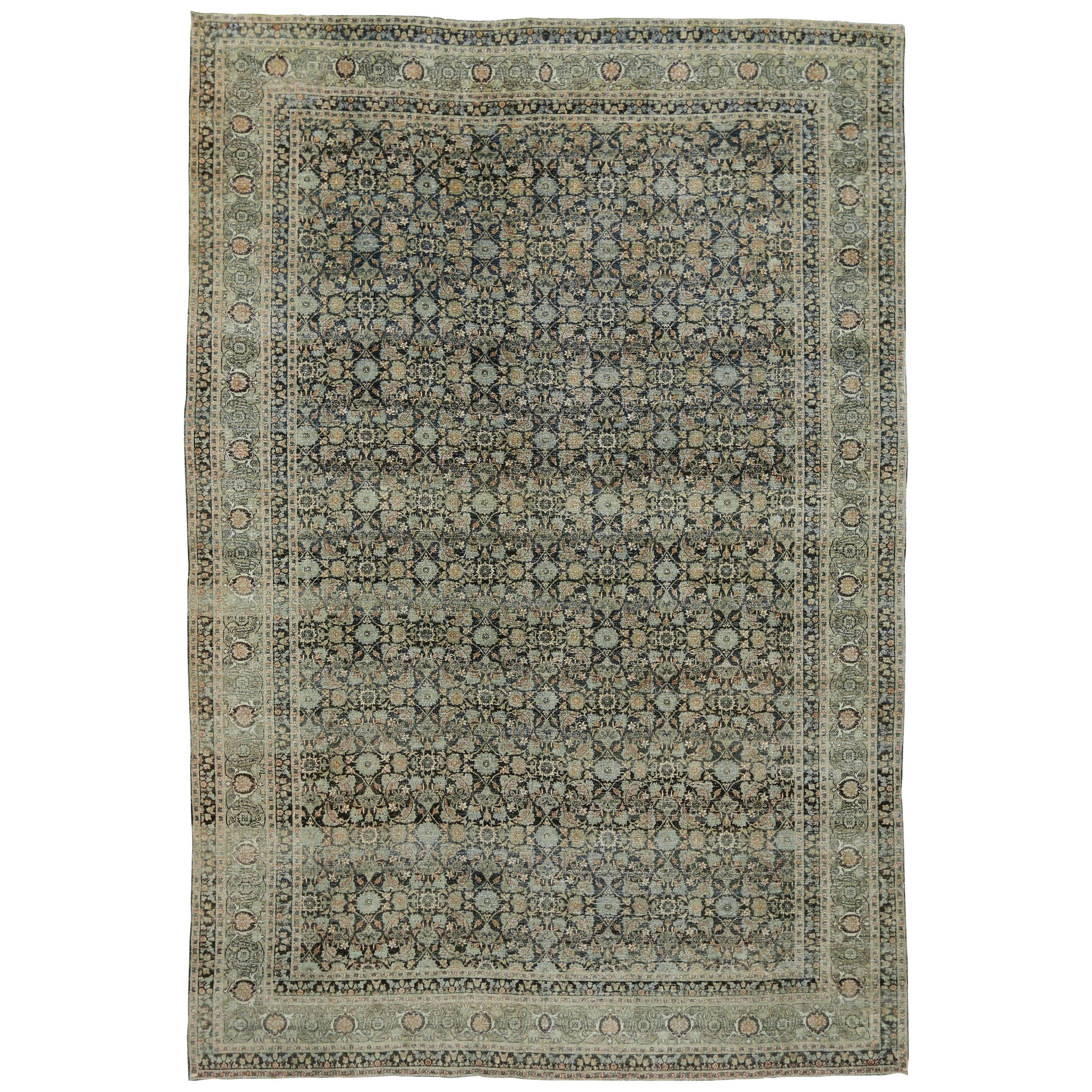 Distressed Antique Persian Yazd Rug with Modern Industrial Style