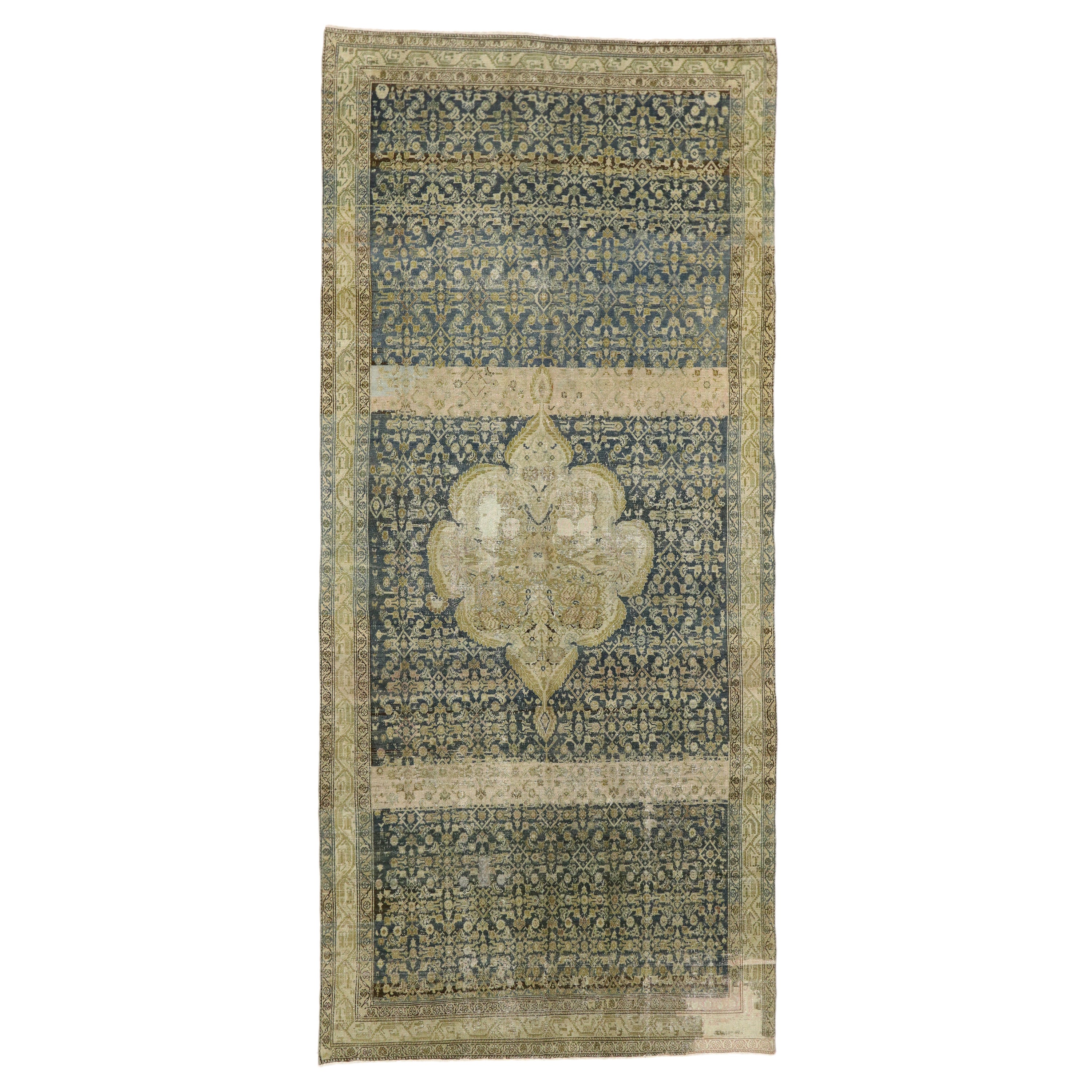 Distressed Antique Persian Malayer Gallery Rug with Modern Rustic Style For Sale