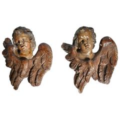 Antique Pair of Italian Painted Putto Masks with Wings