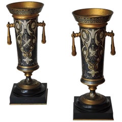 Pair of Damascene Gold and Sliver Inlaid Bronze Vases on Marble Bases
