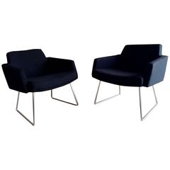 Vintage Harry Bertoia Style Armchairs Sled Base Ski Legs Black Pair Fabulous