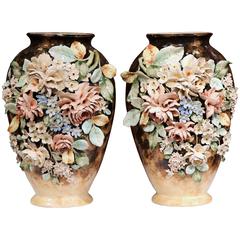 Monumental Pair of 19th Century French Painted Barbotine Vases Signed Marquart