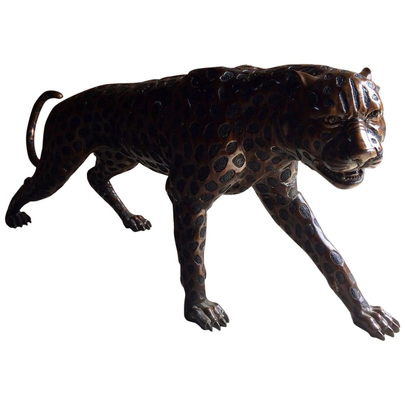 Lifesize Bronze Leopard Sculpture Large and Heavy Prowling Wild Cat