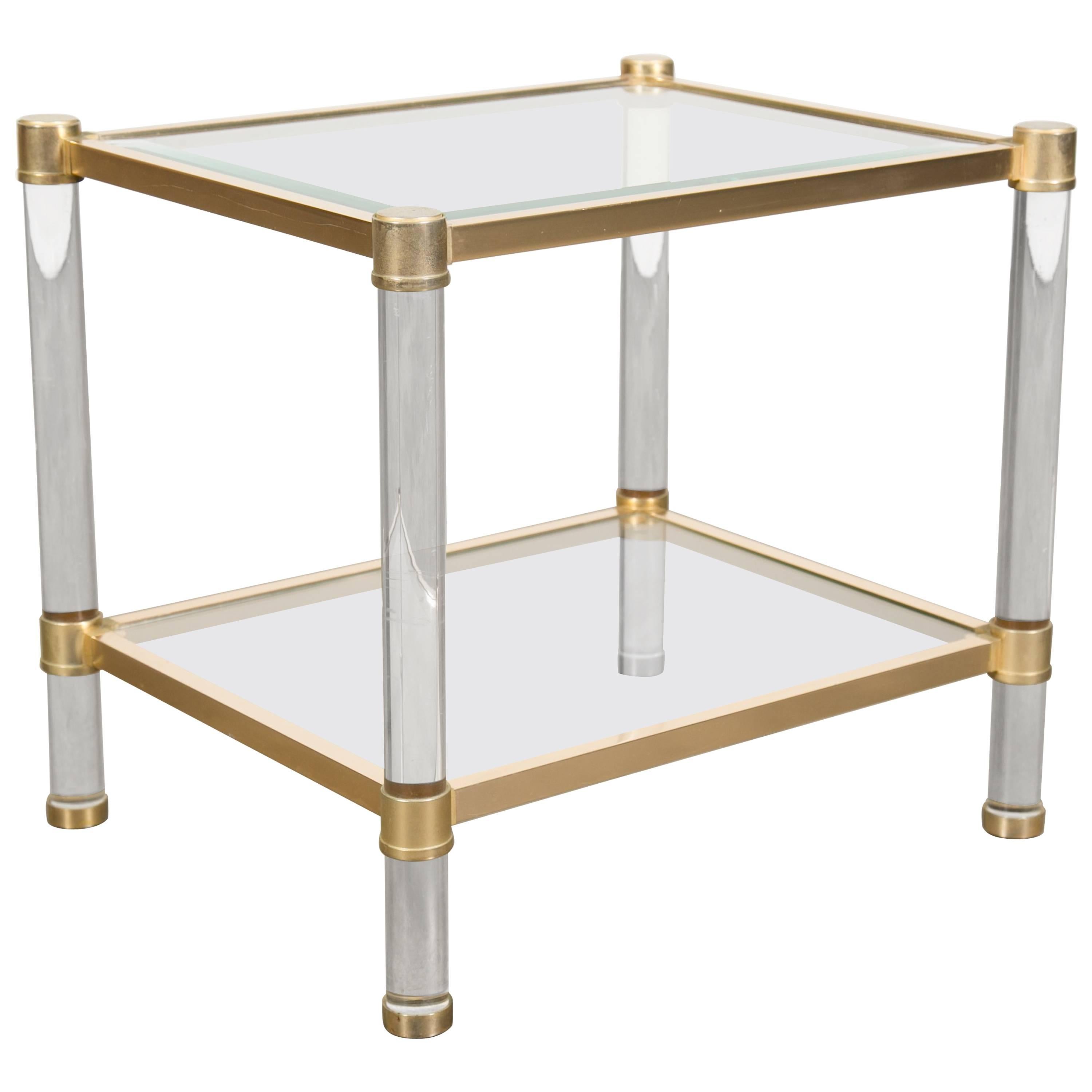 French Rectangular Lucite and Brass Side Table For Sale