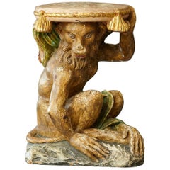 Early 20th Century Carved Wood and Painted Plaster Side Table Showing a Monkey