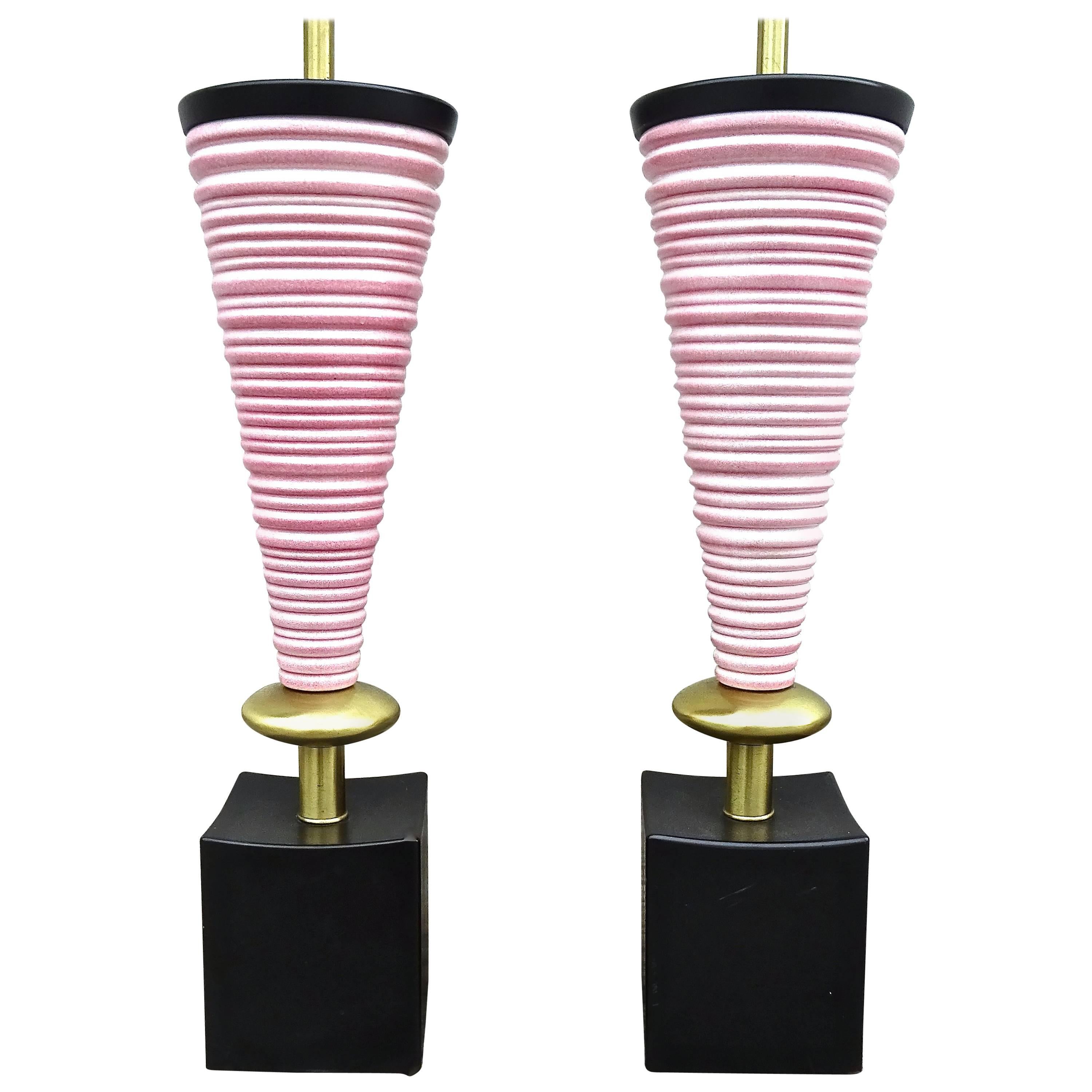 Chic Pair of 1950s Pink Art Pottery Table Lamps