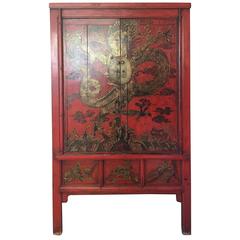 Chinese Antique Red "Dragon" Cabinet Lacquered Gold Gilt Details Qing Dynast