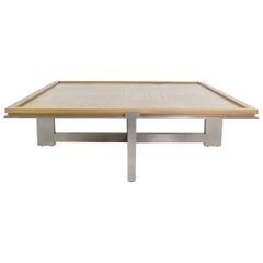 Large Mahigany Parquet Wood and Brushed Steel Coffee Table