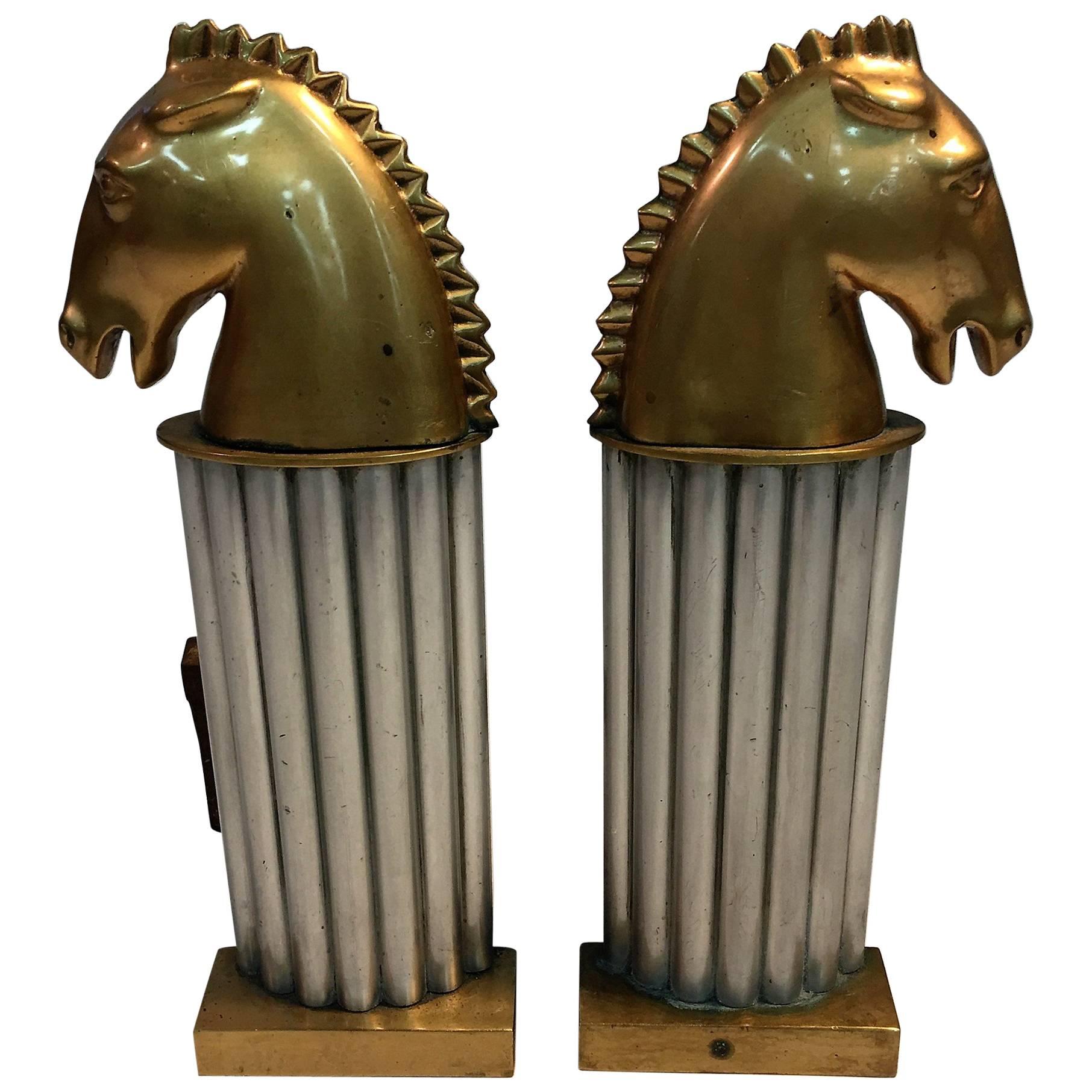 Stunning Pair of Art Deco Bronze Horse Head Knight Andirons For Sale