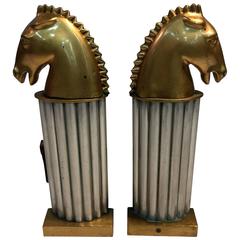 Stunning Pair of Art Deco Bronze Horse Head Knight Andirons
