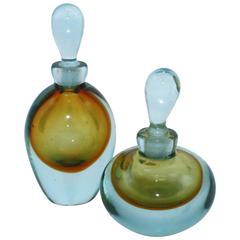 Pair of Amber and Blue Murano Sommerso Perfume Bottles, circa 1960