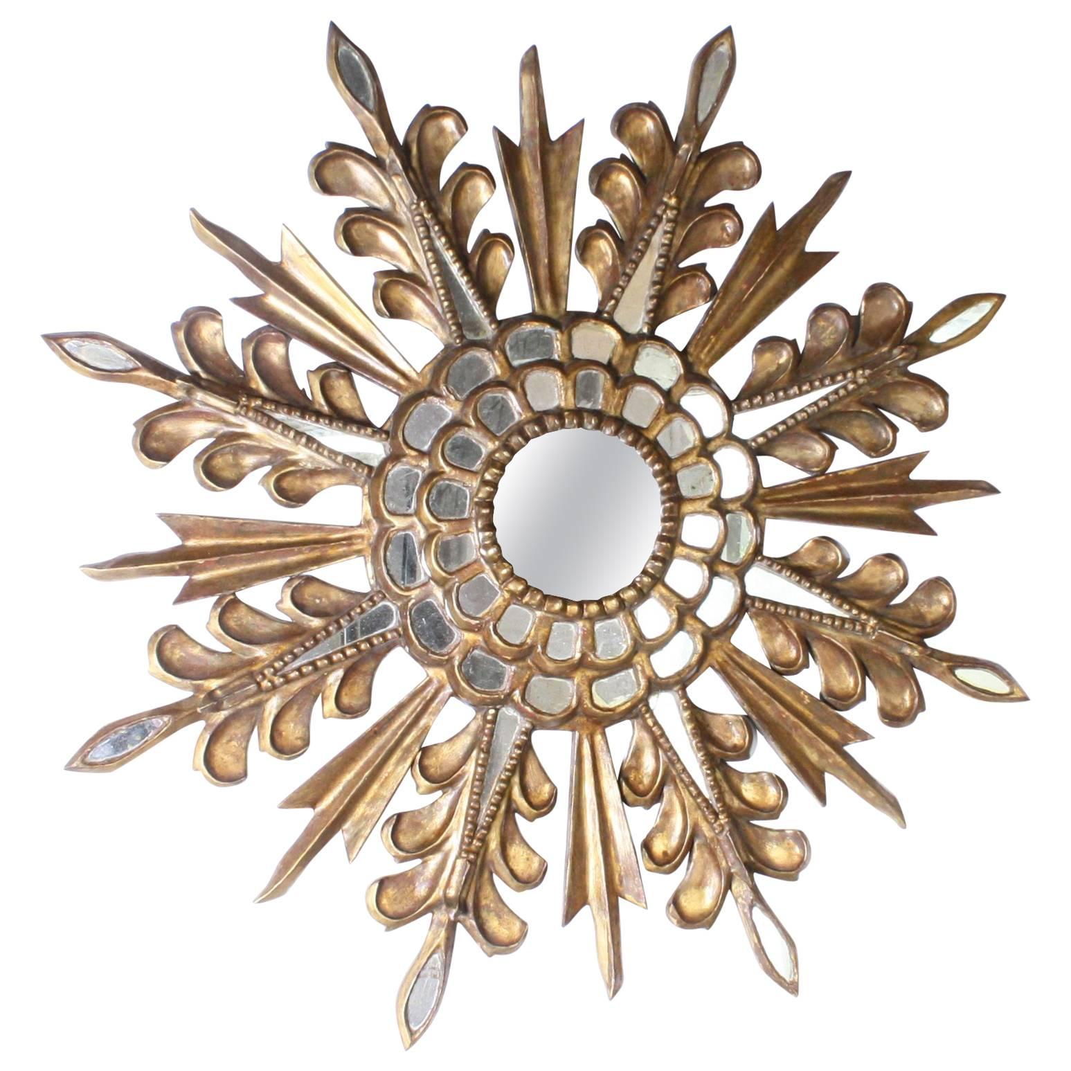 Gold Sunburst Mirror with Glass Accents, circa 1970