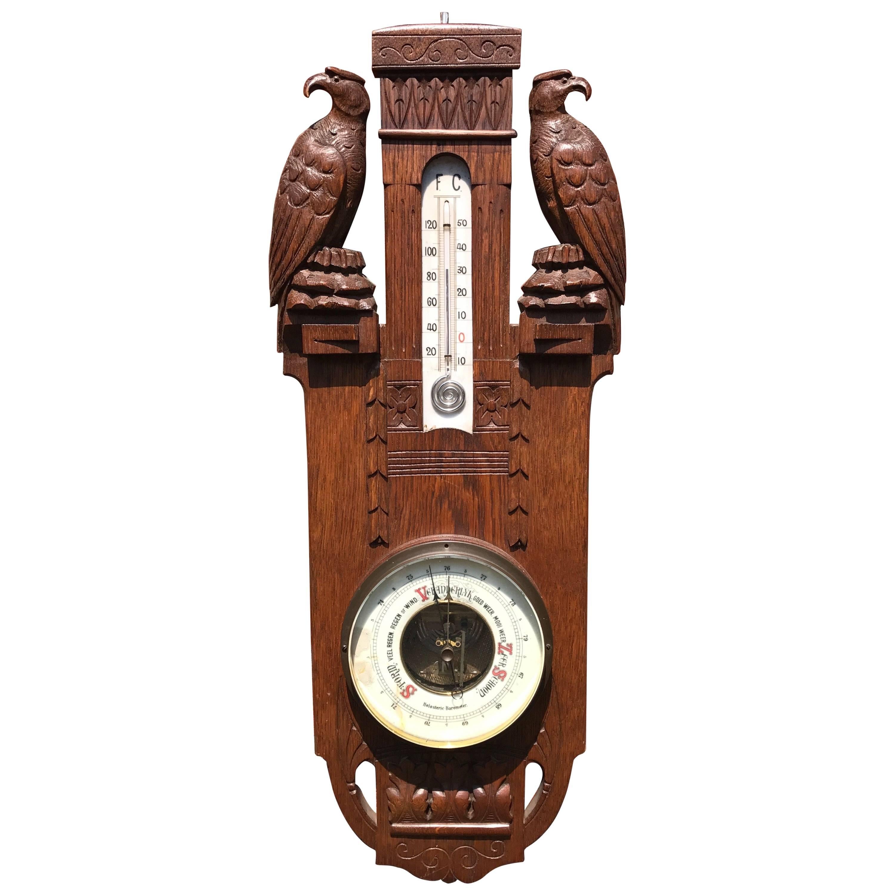 Unique Arts & Crafts Hand Carved Wall Barometer with Eagle Sculptures