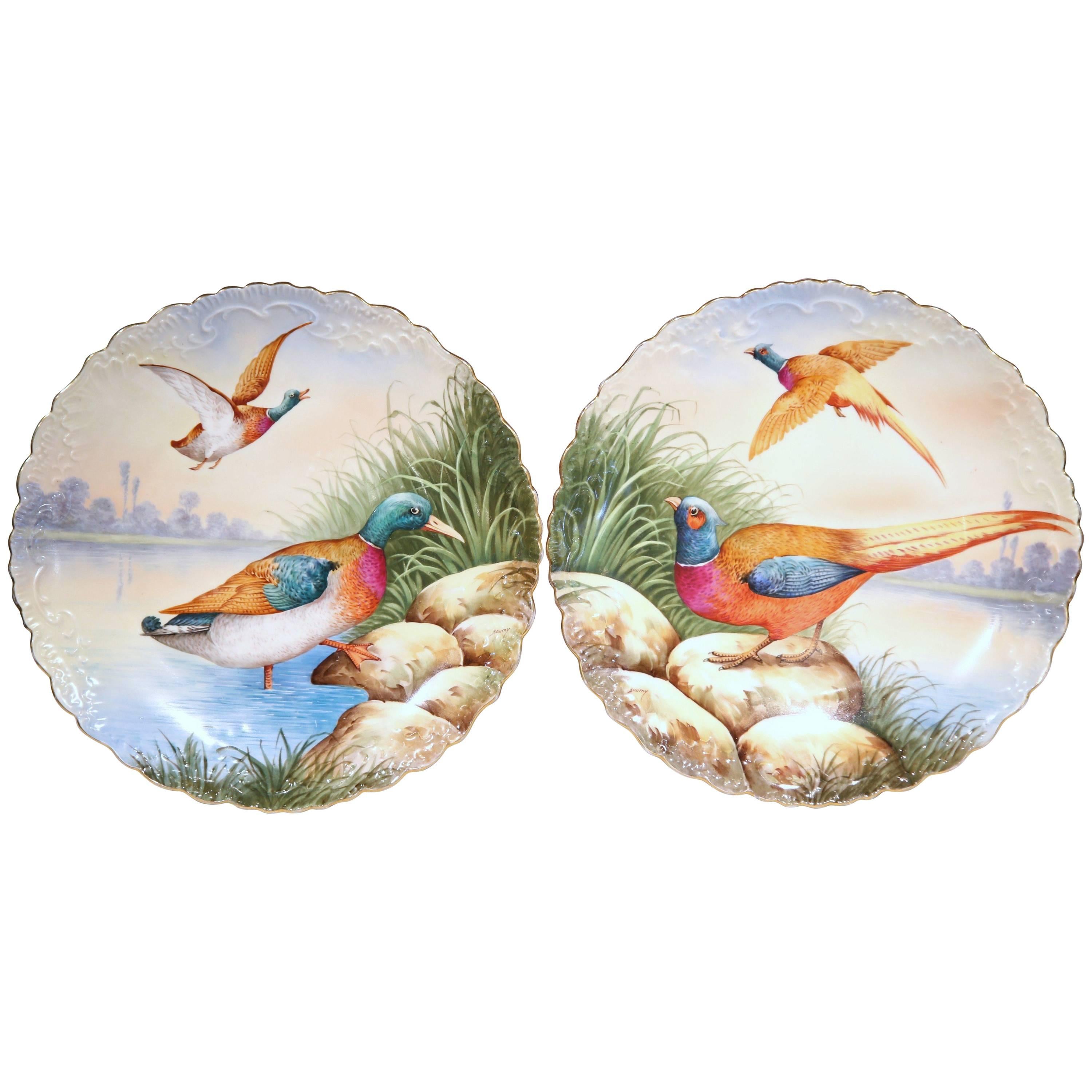 Pair of 19th Century French Hand-Painted Porcelain Birds Plates from Limoges