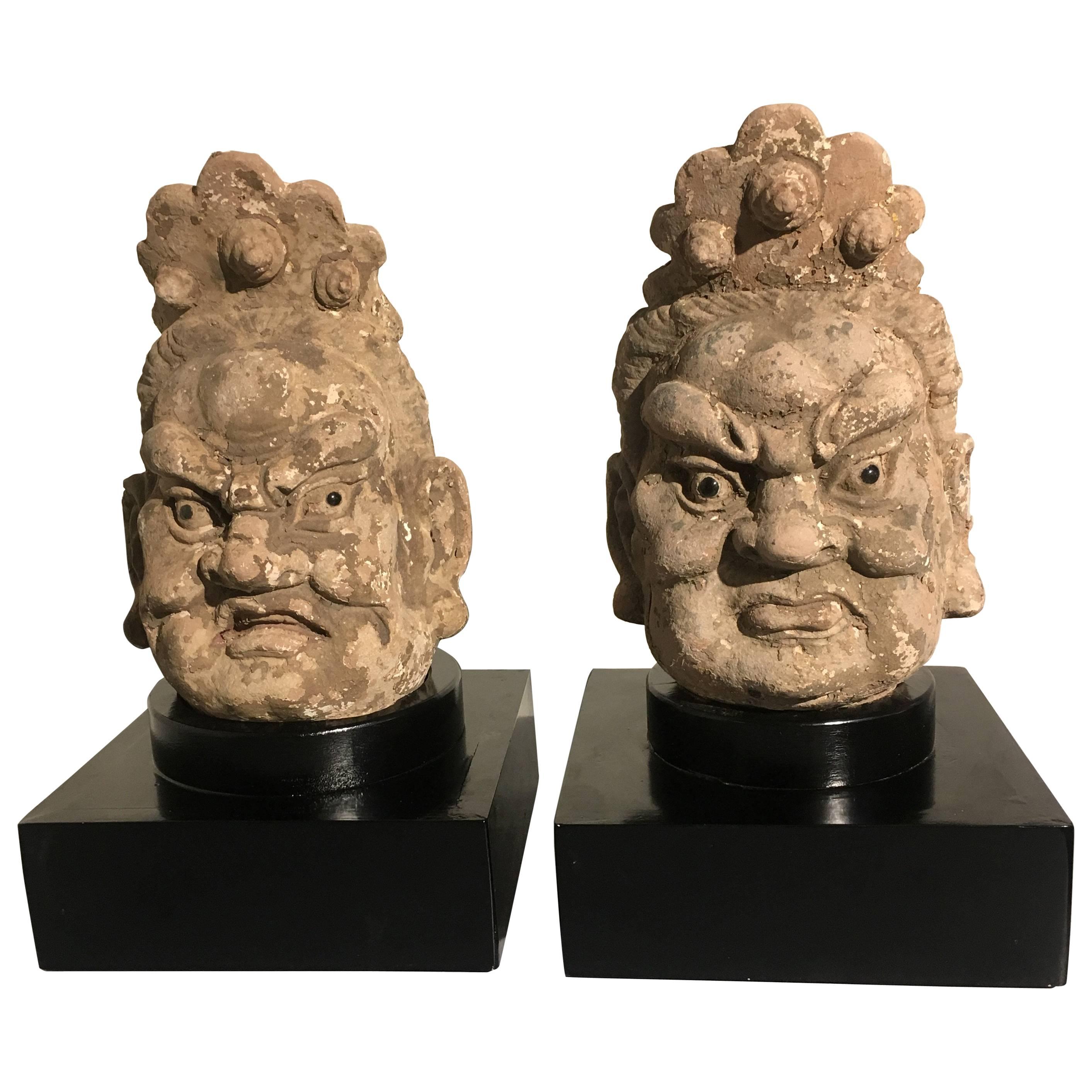 Pair Chinese Stucco Dvarapala Guardian Heads, Yuan to Ming Dynasty, 14th Century