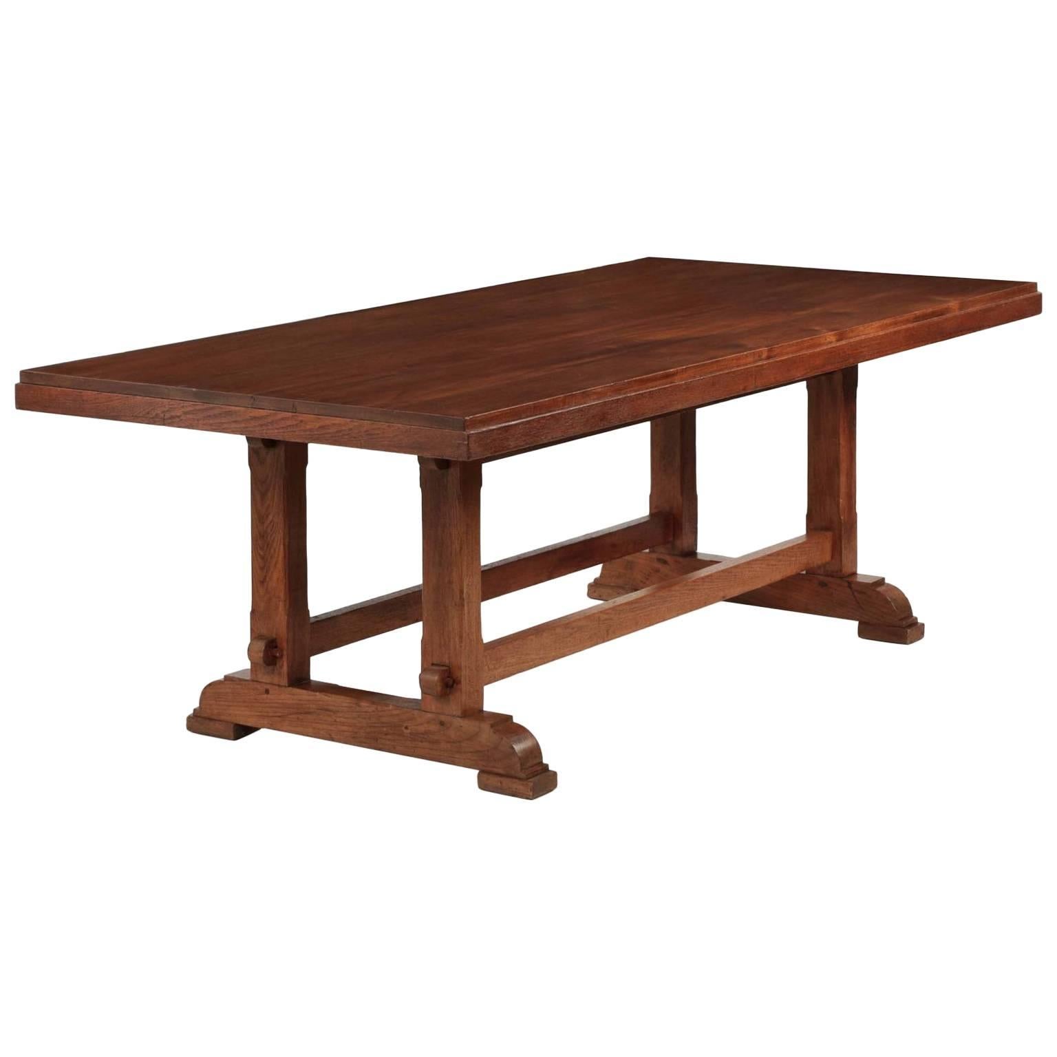 English Arts & Crafts Teak Trestle Dining Table, circa 1930