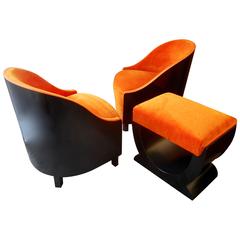 Vintage Art Deco Pair of Armchairs and Ottoman by Jules Leleu