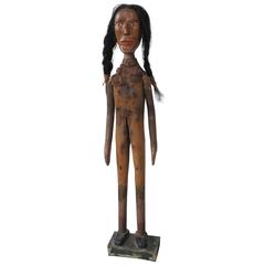 Folk Art Indian of Carved Wood with Braided Hair