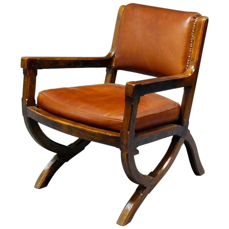 Arts & Crafts Oak & Leather Armchair in Style of E W Pugin with Organic Styling For Sale