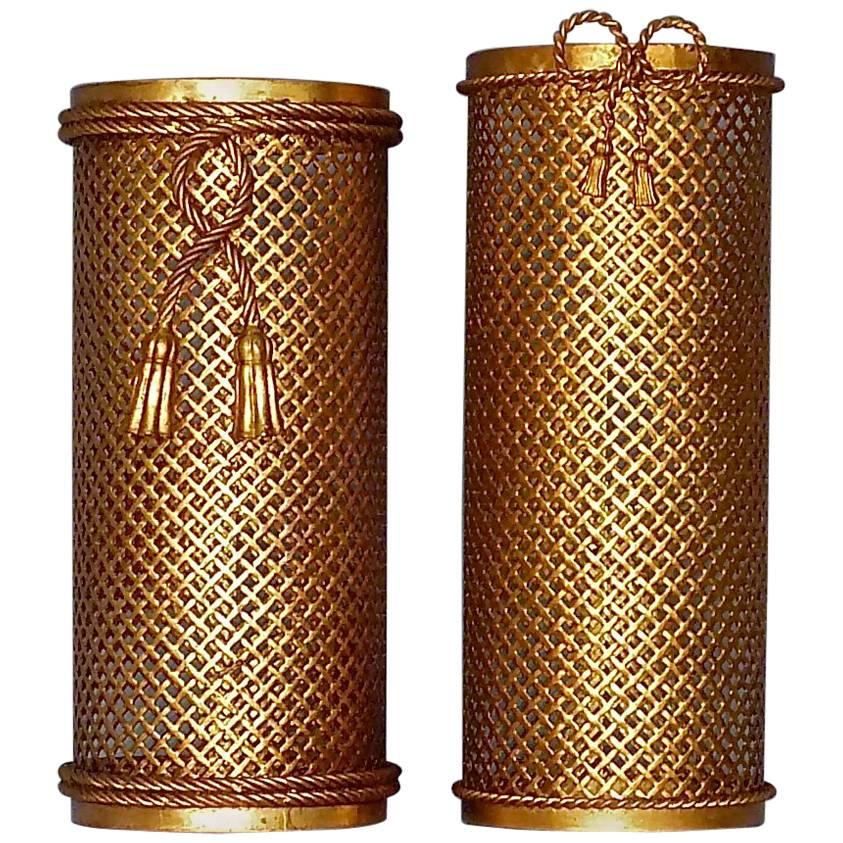 Two Midcentury Italian Gilt Woven Metal Umbrella Stands, 1950s, Hans Kögl Style