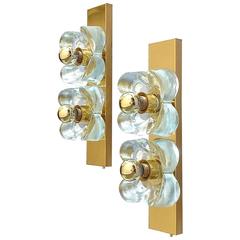 Modernist Pair of Large Sische Glass and Brass Sconces in Kalmar Mazzega Style
