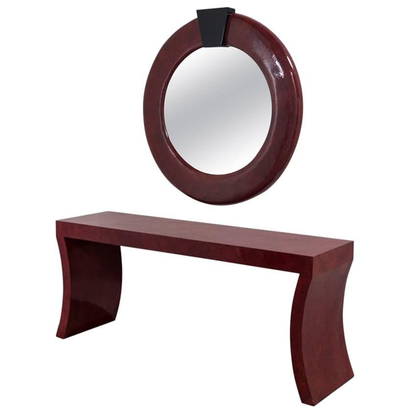 Impressive Red Crackleware Finished Console and Mirror, 1980s For Sale