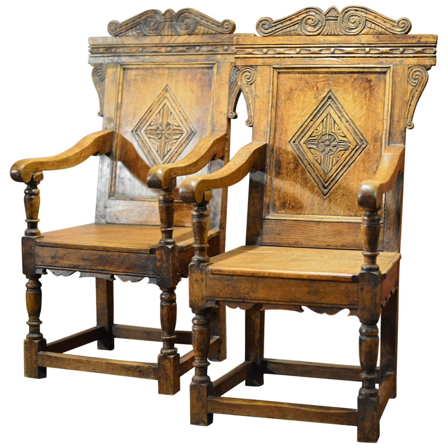 Antique Pair of Hall Chairs, 19th Century, Baronial