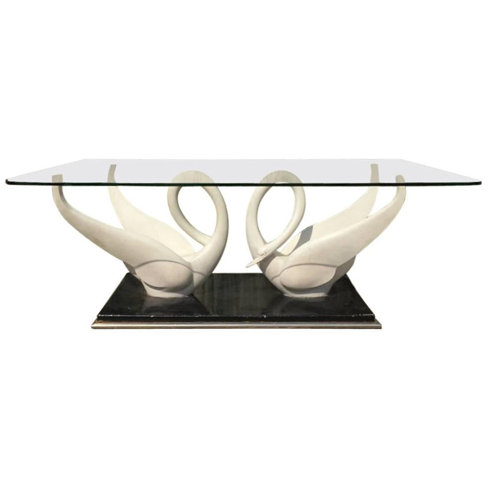 Rare Coffee Table by Maison Jansen with White Composite Swans with Glass Top For Sale