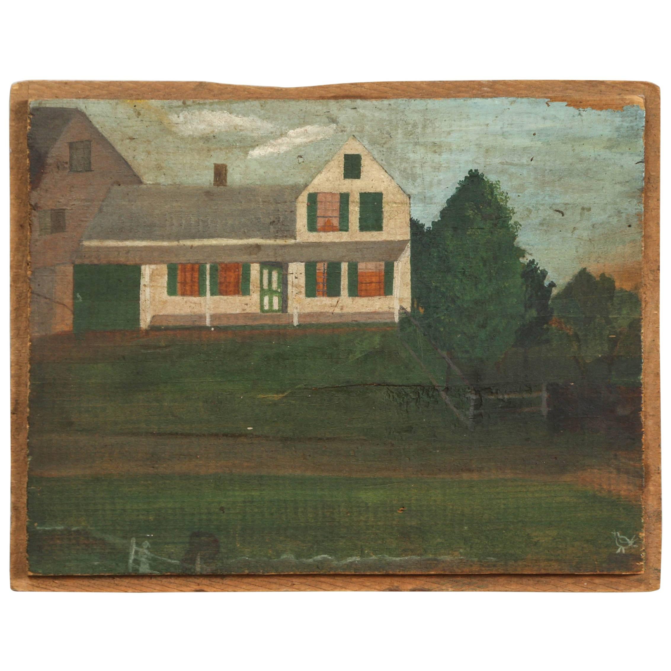 Antique Folk Painting, House by the Side of the Road For Sale