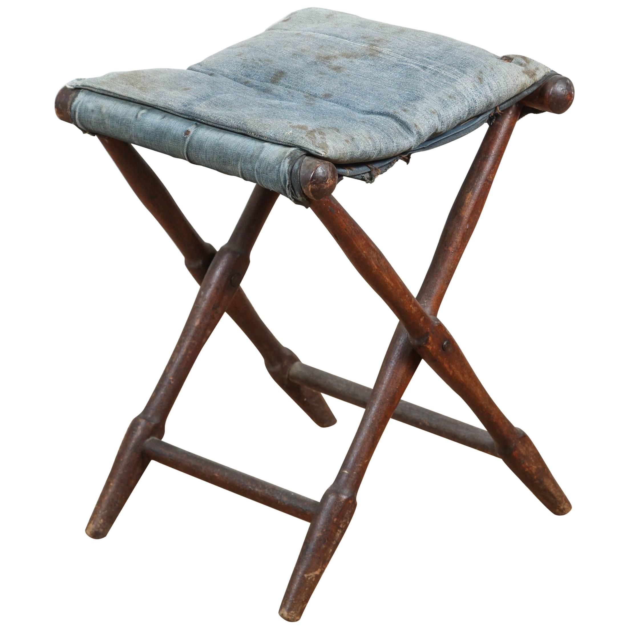 Vintage Folding Stool with Distressed and Faded Denim For Sale