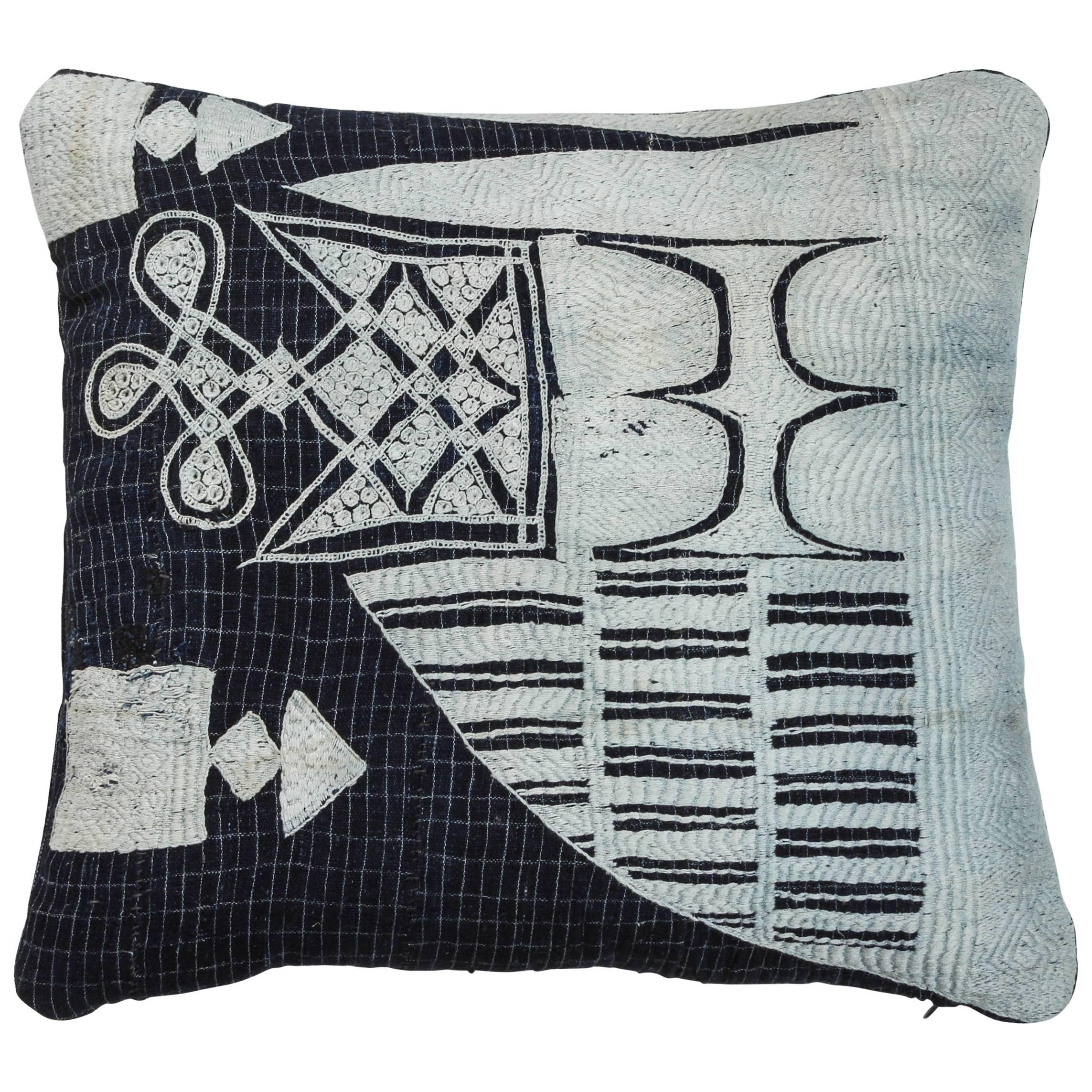 African Embroidery Pillow in Indigo Blue, Double-Sided For Sale