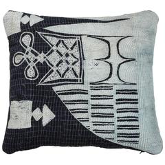 African Embroidery Pillow in Indigo Blue, Double-Sided