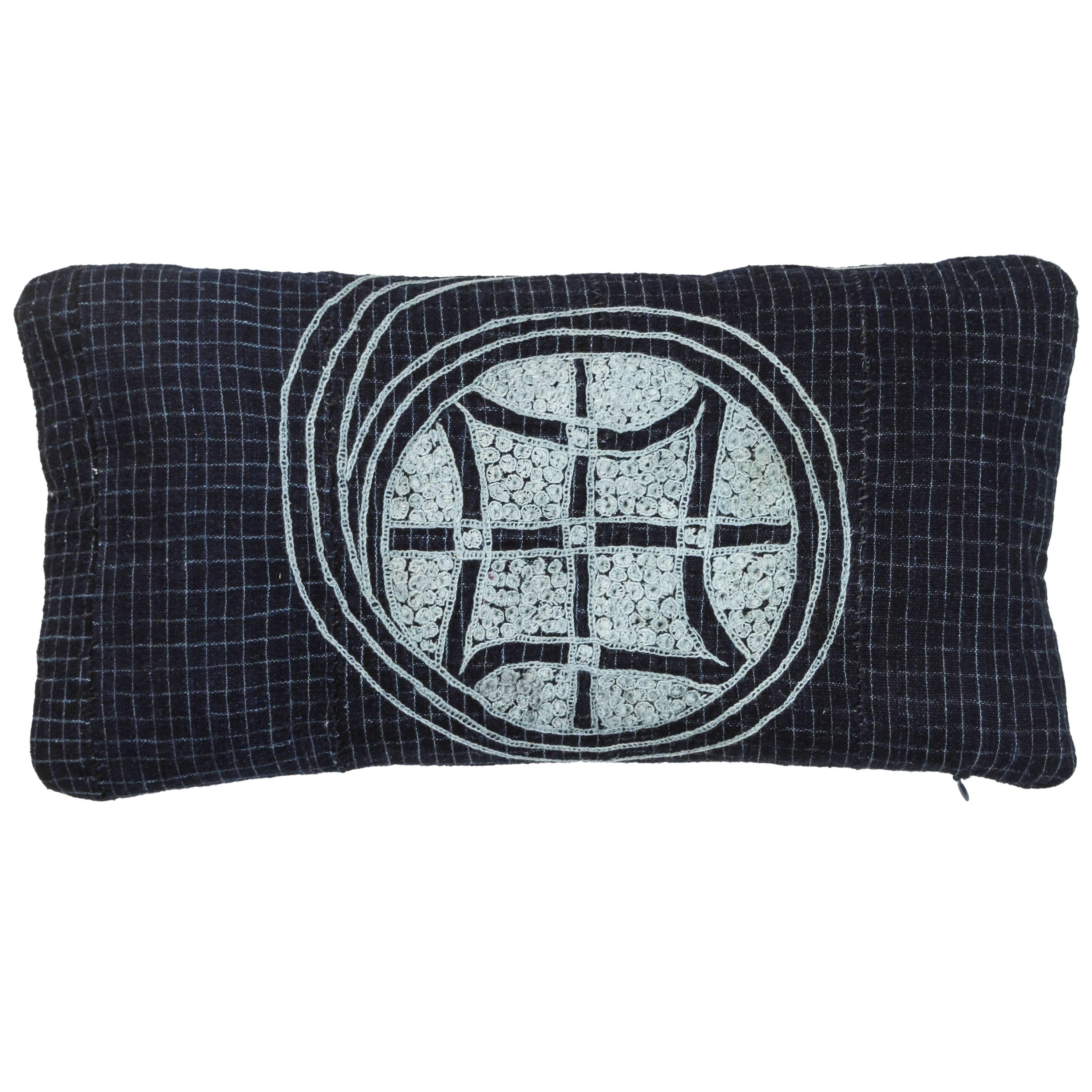 African Embroidery Lumbar Pillow in Indigo Blue, Double-Sided For Sale