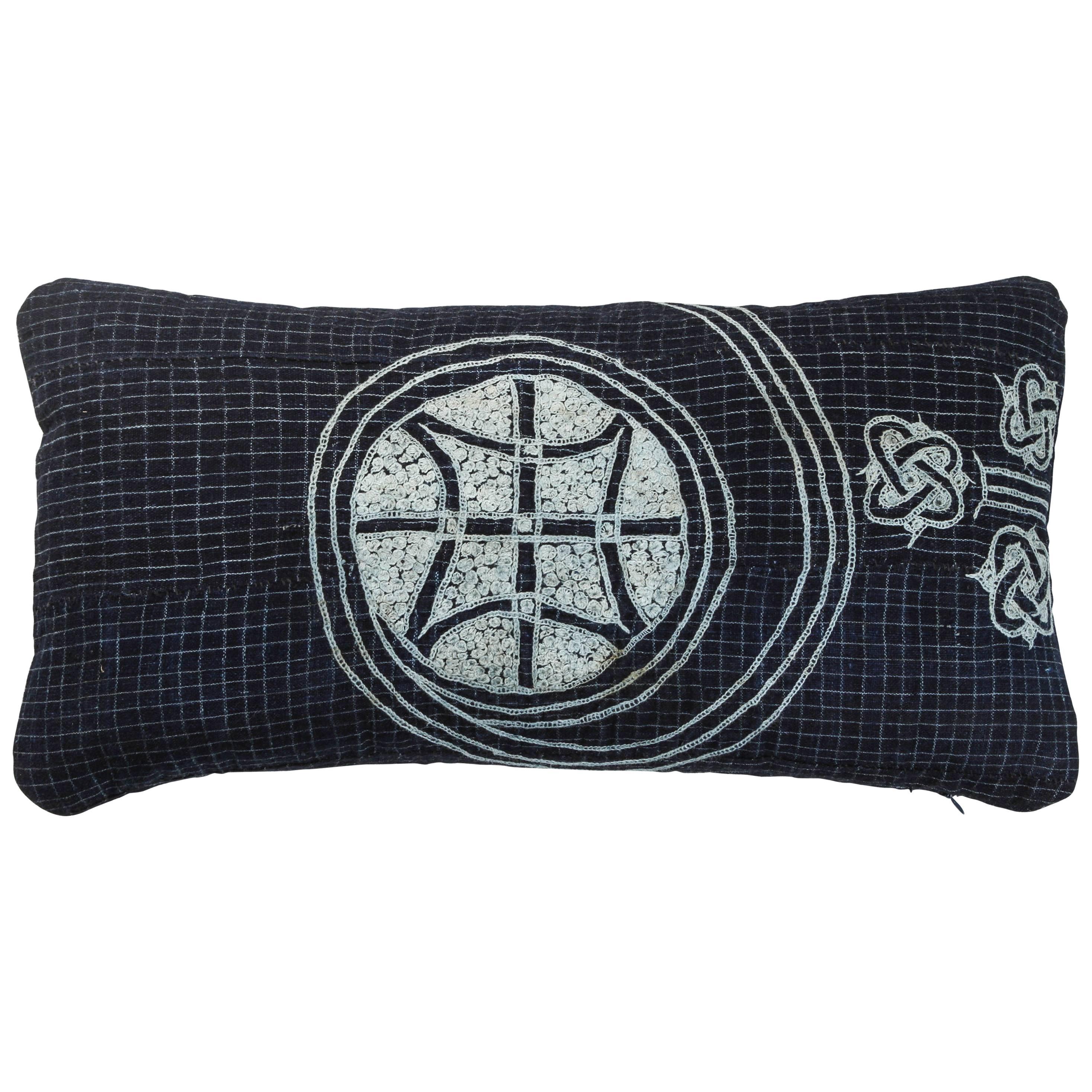 African Embroidery Lumbar Pillow, Indigo Blue, Double Sided For Sale