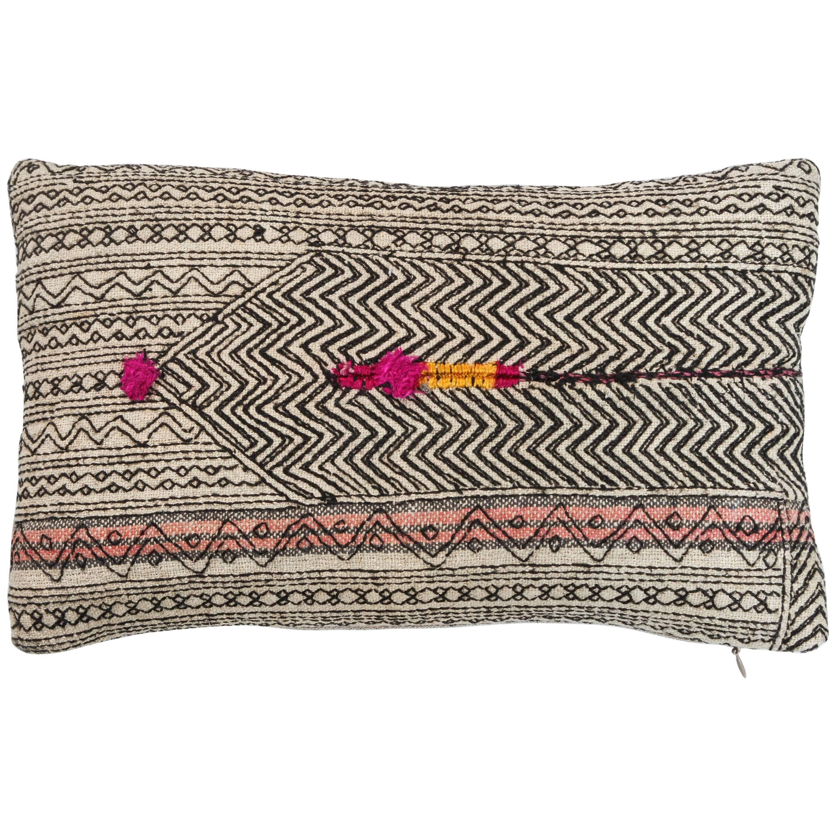 Afghani Nuristan Lumbar Pillow. Black, Ivory, Pink, Fuchia and Gold.  For Sale