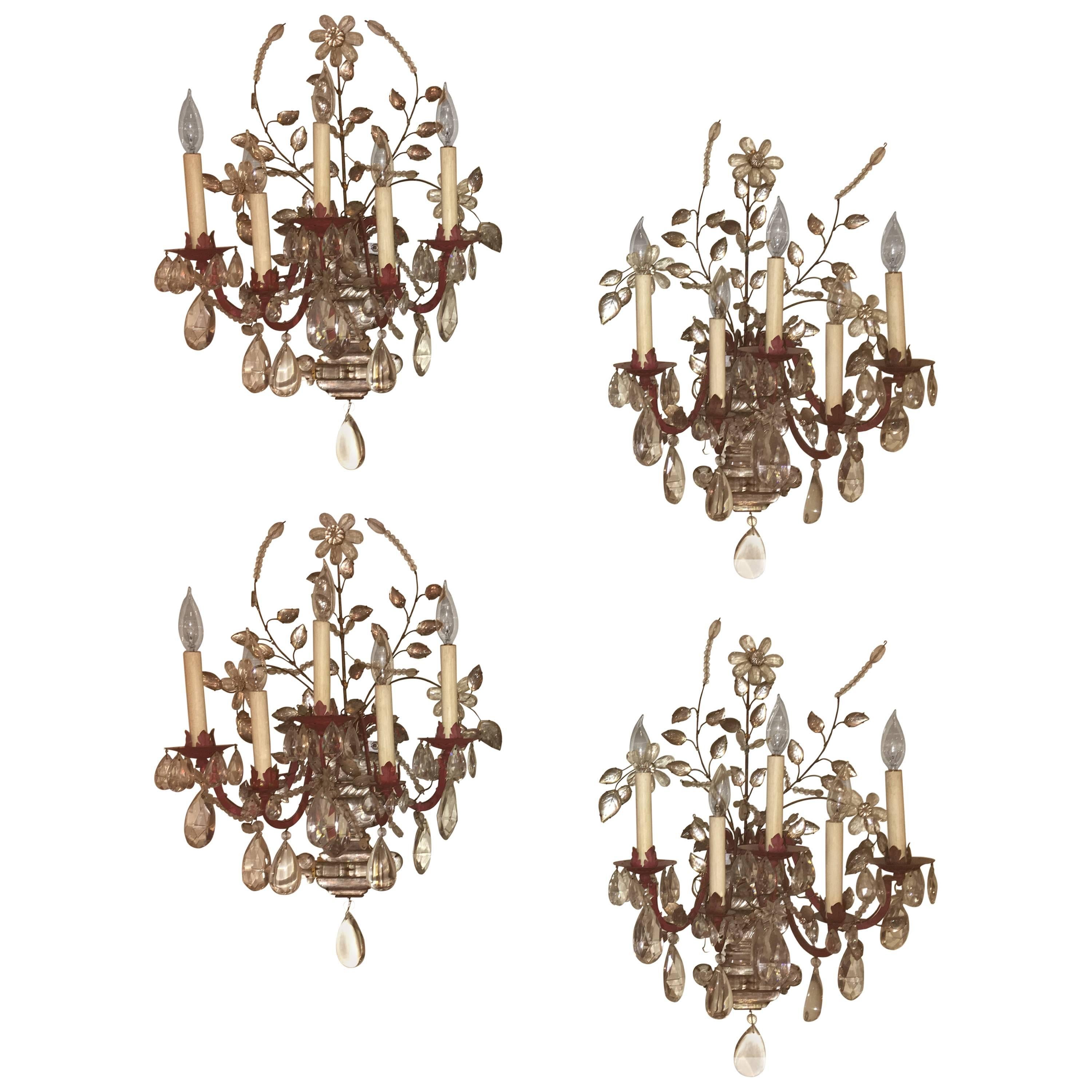 Set of Four Crystal and Bronze Five Light Wall Sconces Manner of Maison Bagues